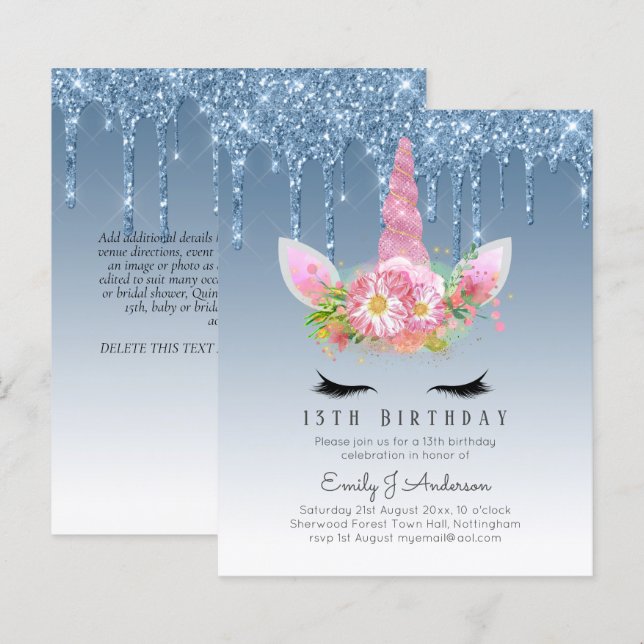BUDGETEN Rosa Glitter Unicorn Girls Birthday Inbju (Fram/baksida)