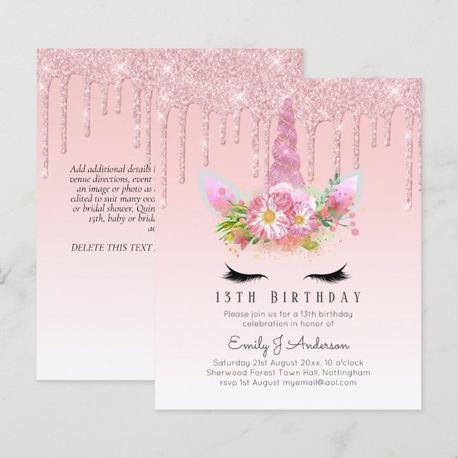 BUDGETEN Rosa Glitter Unicorn Girls Birthday Inbju (Fram/baksida)