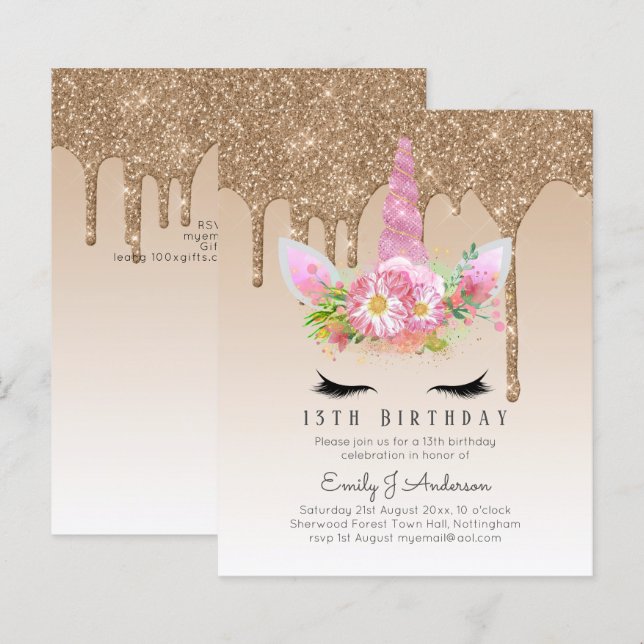 BUDGETEN Rosa Glitter Unicorn Girls Birthday Inbju (Fram/baksida)