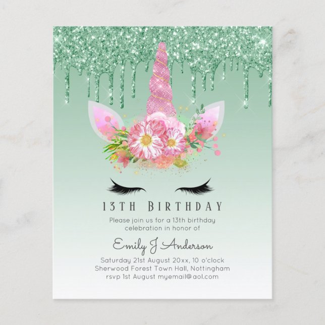 BUDGETEN Rosa Glitter Unicorn Girls Birthday Inbju Flygblad (Framsidan)