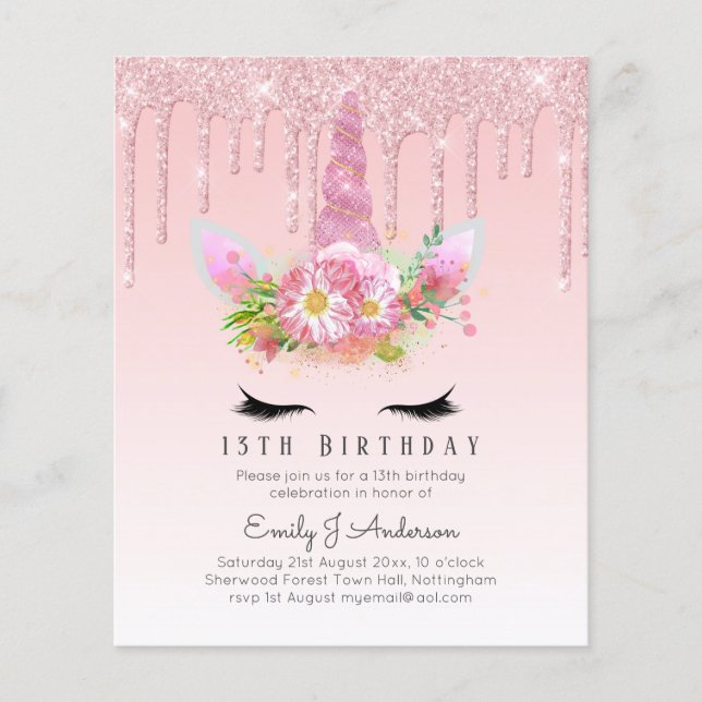 BUDGETEN Rosa Glitter Unicorn Girls Birthday Inbju Flygblad (Framsidan)