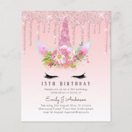 BUDGETEN Rosa Glitter Unicorn Girls Birthday Inbju Flygblad