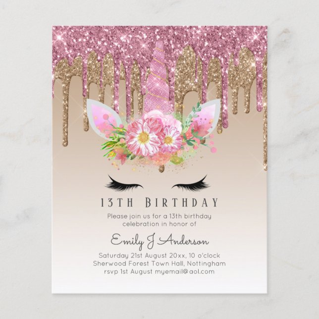 BUDGETEN Rosa Glitter Unicorn Girls Birthday Inbju Flygblad (Framsidan)
