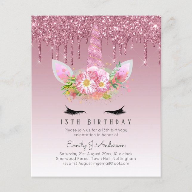 BUDGETEN Rosa Glitter Unicorn Girls Birthday Inbju Flygblad (Framsidan)