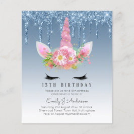 BUDGETEN Rosa Glitter Unicorn Girls Birthday Inbju Flygblad