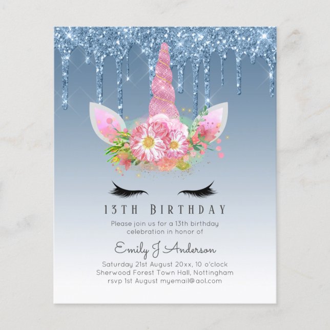 BUDGETEN Rosa Glitter Unicorn Girls Birthday Inbju Flygblad (Framsidan)
