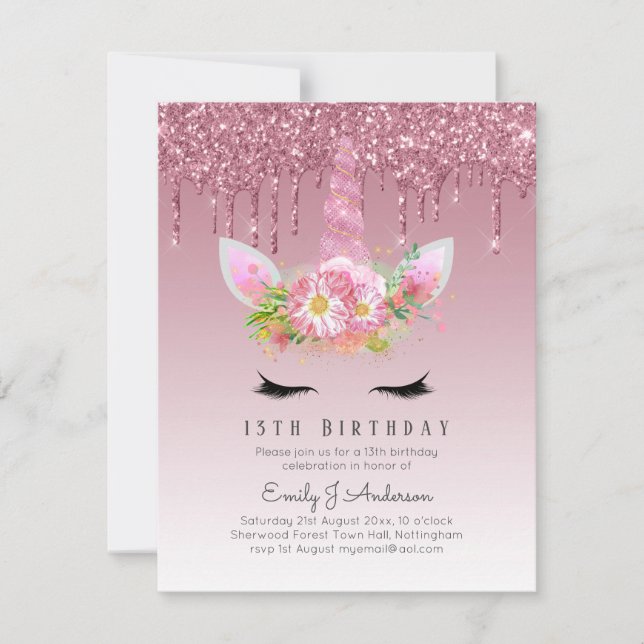 BUDGETEN Rosa Glitter Unicorn Girls Birthday Inbju Inbjudningar (Framsida)