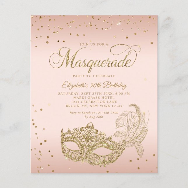 BUDGETEN  Rosa Guld Glitter Masqueraad Birthday (Framsida)