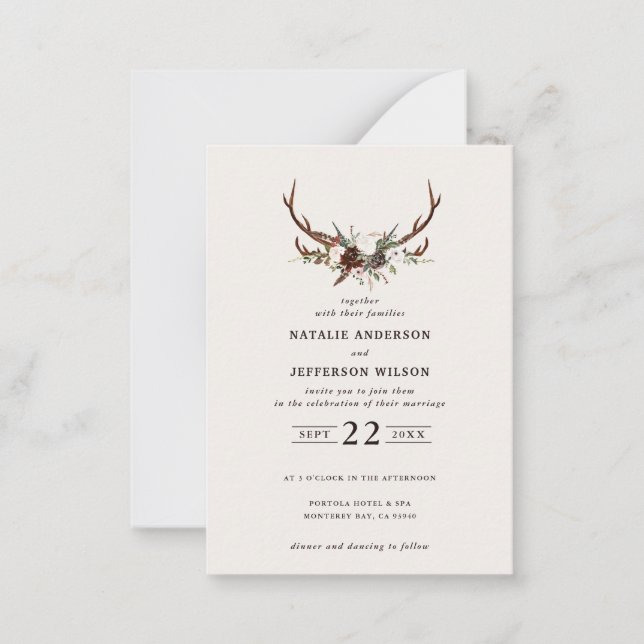 Budgeten Rustic blommigt Stag grönt bröllop Anteckningskort (Framsida)