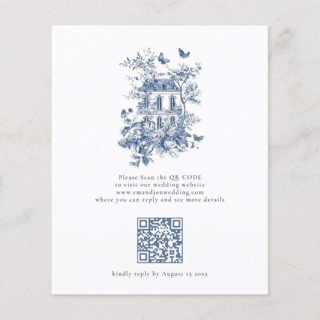 Budgeten Rustic Blue Toile De Jouy QR Code Bröllop (Framsida)