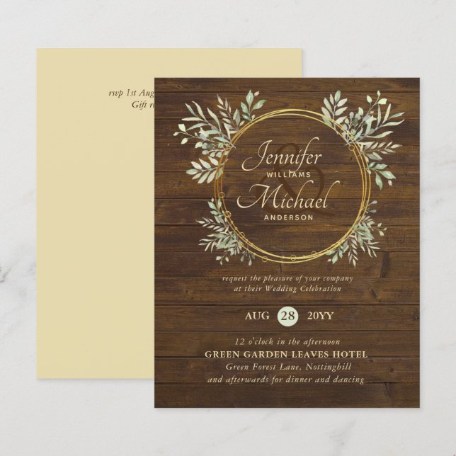 BUDGETEN Rustic Guld Greenery WandeWedding bjudand (Fram/baksida)