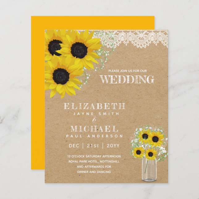 BUDGETEN Rustic Solros Babys Bröllopinbjudan (Fram/baksida)