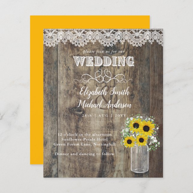 BUDGETEN Rustic Solros Snöre Wood Wedding bjudande (Fram/baksida)