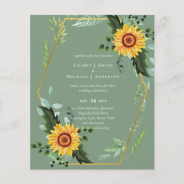 BUDGETEN Rustic Sunwers Greenery Löv Bröllop Flygblad (Framsidan)