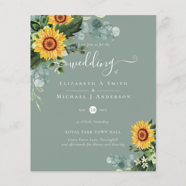 BUDGETEN Rustium Solblommor Eucalyptus Löv Bröllop Flygblad (Framsidan)