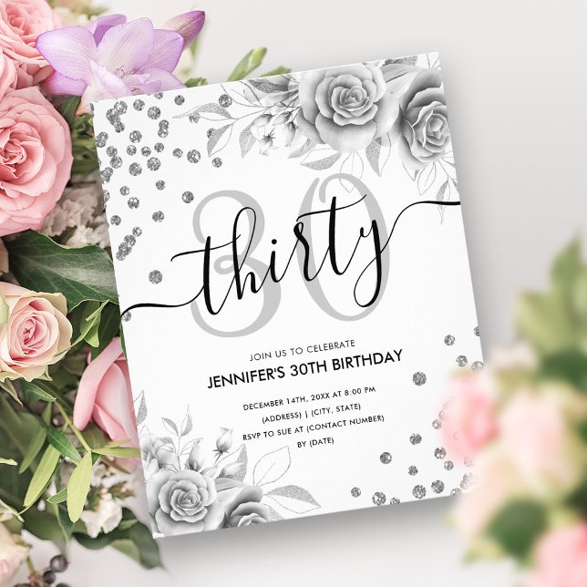 Budgeten Silver Blommigt Glitter 30års födelsedag Flygblad (Budget Silver Floral Glitter 30th Birthday Flyer)