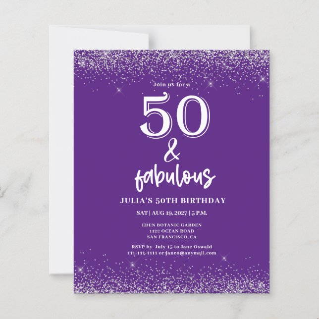 Budgeten Silver Glitter Lila 50:e Födelsedagsfeste (Framsida)