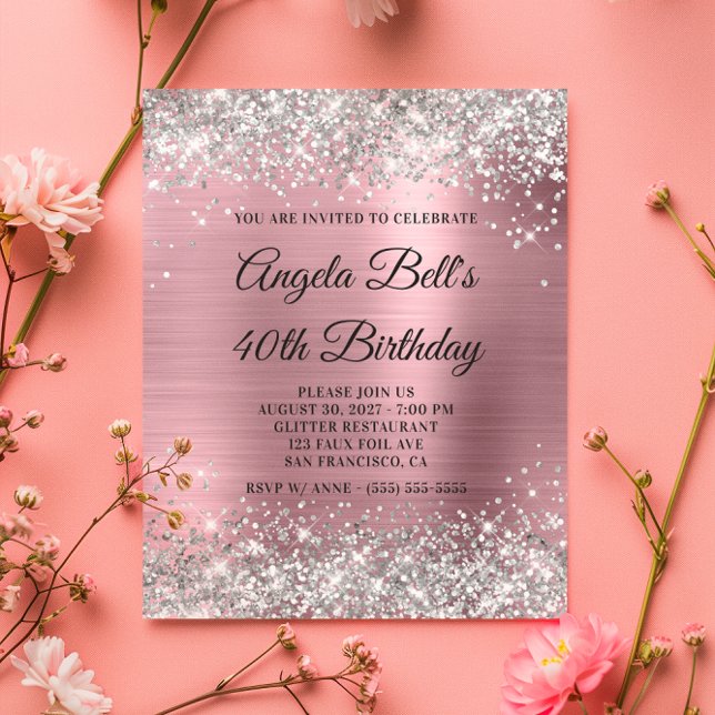 Budgeten Silver Glitter Rosa 40:e födelsedag Inbju (Budget Silver Glitter Pink 40th Birthday Invite)