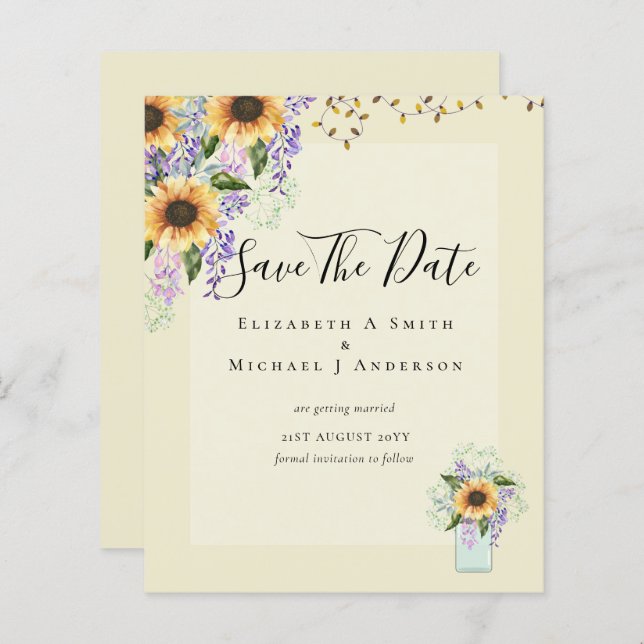 BUDGETEN SPARAR DATUMET Rustic Sunblommors Lila (Fram/baksida)