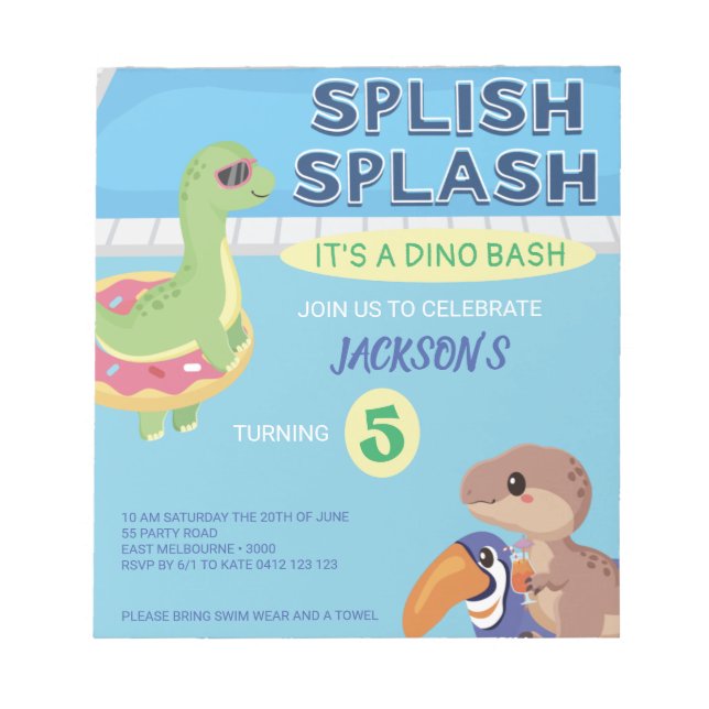 BUDGETEN Spel Stänk Dino Bassäng Party födelsedag Anteckningsblock (Framsida)