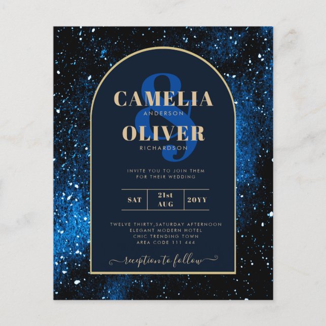 BUDGETEN Starry Night Navy Blue Guld bröllopsinbju Flygblad (Framsidan)