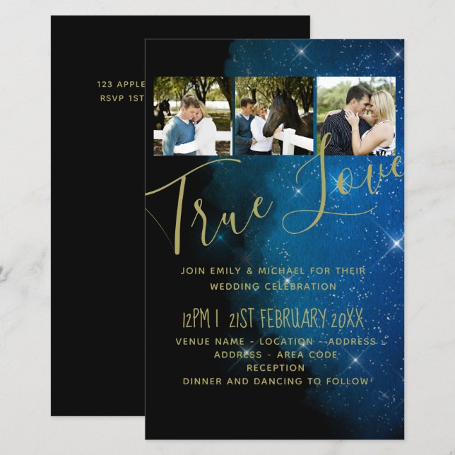 BUDGETEN Starry Night Navy Guld A9 Bröllopsinbjudn (Fram/baksida)