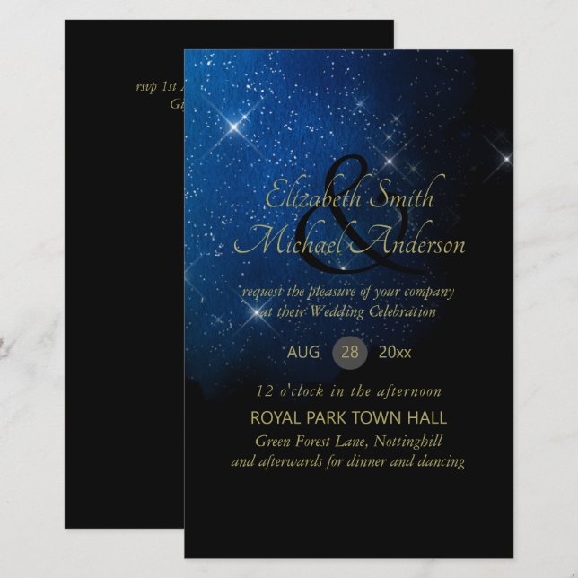 BUDGETEN Starry Night Navy Guld A9 Bröllopsinbjudn (Fram/baksida)