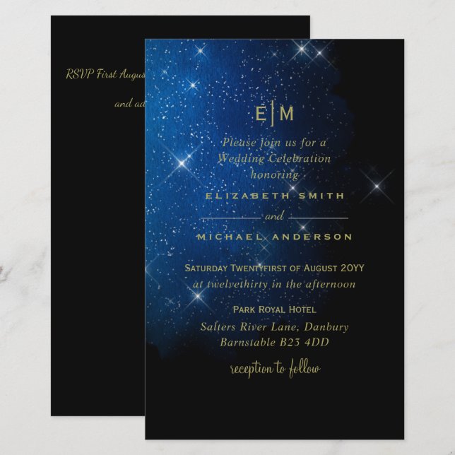 BUDGETEN Starry Night Navy Guld A9 Bröllopsinbjudn (Fram/baksida)