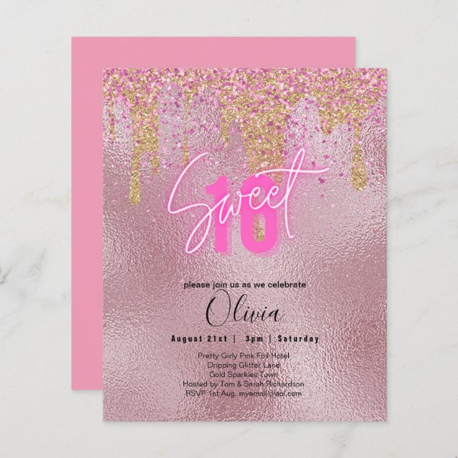 Budgeten Sverige 16 Rosa Glitter Foil Girly Modern (Fram/baksida)