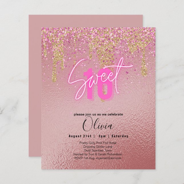 Budgeten Sverige 16 Rosa Glitter Foil Girly Modern (Fram/baksida)