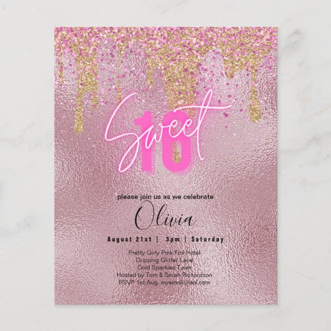 Budgeten Sverige 16 Rosa Glitter Foil Girly Modern Flygblad (Framsidan)