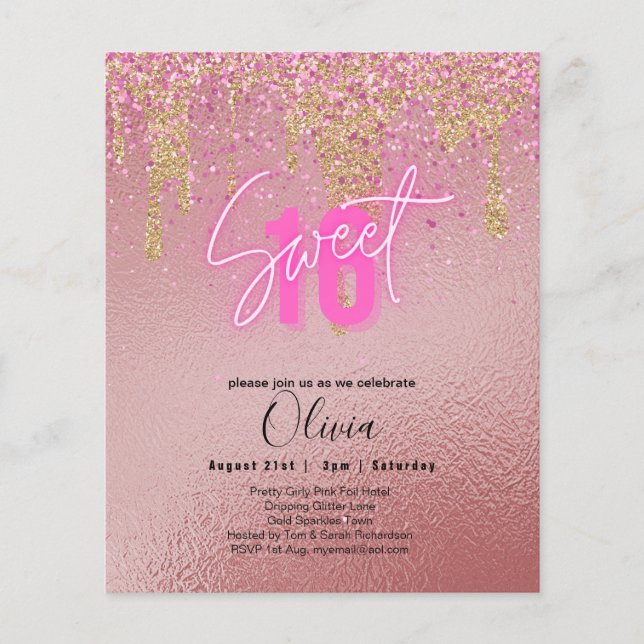 Budgeten Sverige 16 Rosa Glitter Foil Girly Modern Flygblad (Framsidan)