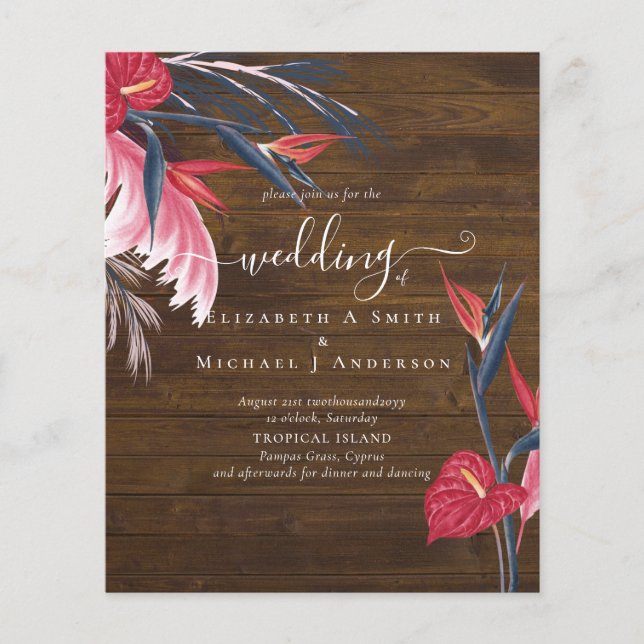 BUDGETEN Tropiskt Pampas Grass Navy Berry Bröllop Flygblad (Framsidan)