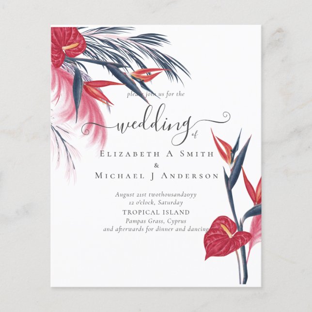 BUDGETEN Tropiskt Pampas Grass Navy Berry Bröllop Flygblad (Framsidan)