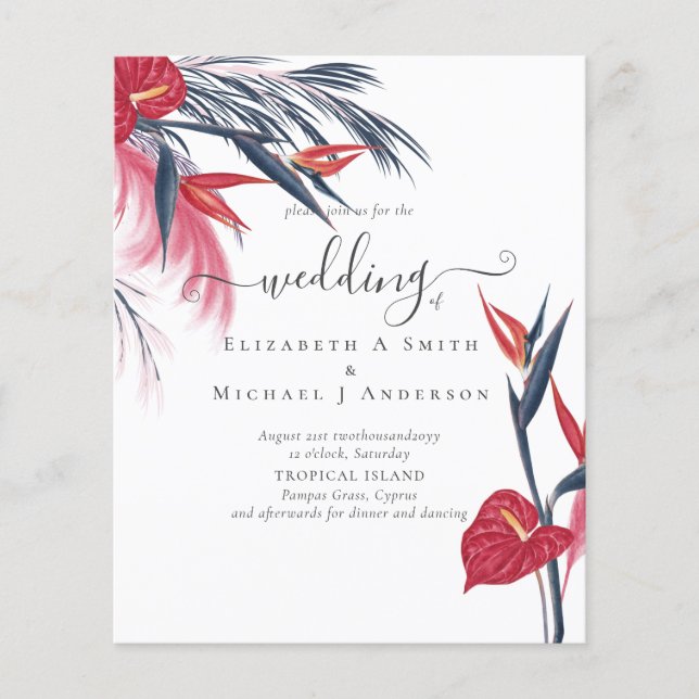 BUDGETEN Tropiskt Pampas Grass Navy Berry Bröllop Flygblad (Framsidan)
