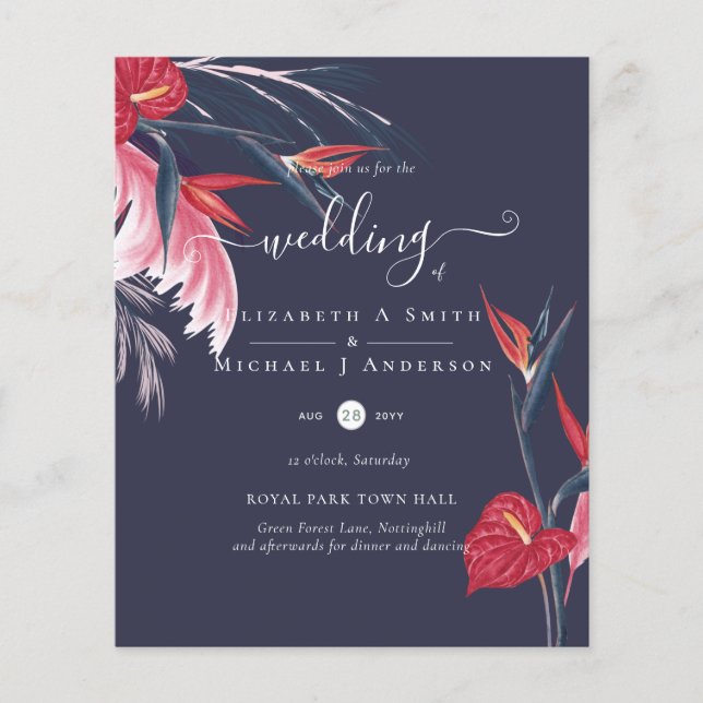 BUDGETEN Tropiskt Pampas Grass Navy Berry Bröllop Flygblad (Framsidan)