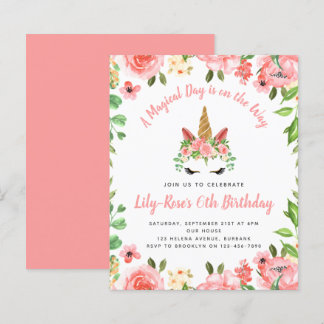 BUDGETEN Unicorn Ansikte Blommigt Birthday-inbjuda