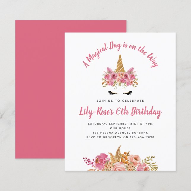 BUDGETEN Unicorn Ansikte Blommigt Birthday-inbjuda (Fram/baksida)