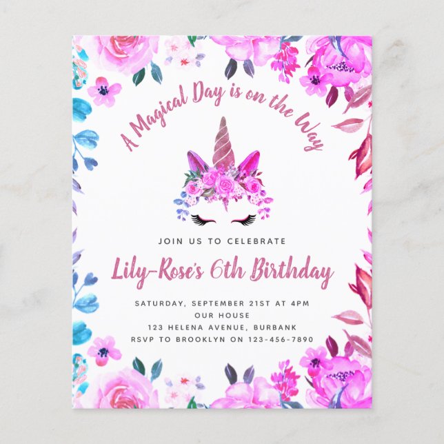 BUDGETEN Unicorn Ansikte Blommigt Birthday-inbjuda Flygblad (Framsidan)