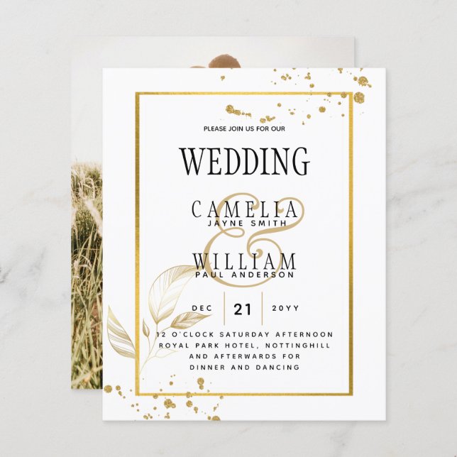 BUDGETEN Vit Guld-inbjudan till bröllop (Fram/baksida)