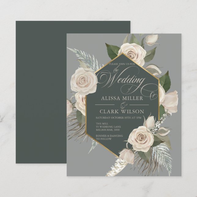 BUDGETEN Vit ros, inbjudan till Guld Emerald Weddi (Fram/baksida)