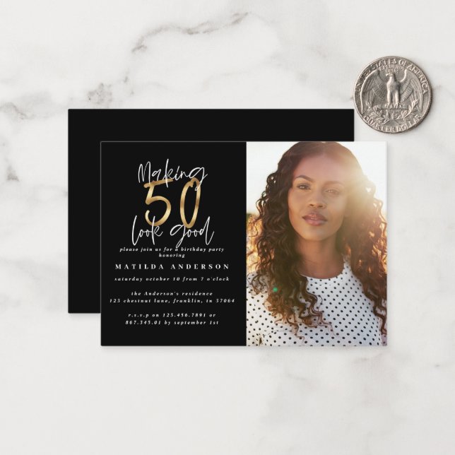Budgetens 50:e bra-fotofödelsedagsinbjudan anteckningskort (Fram/Back In Situ)