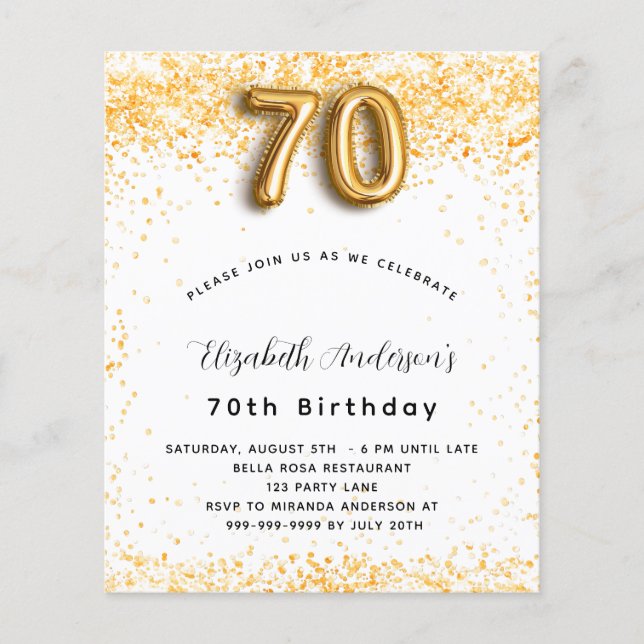 Budgetens 70-årsdag, inbjudan till guld glitter (Framsida)