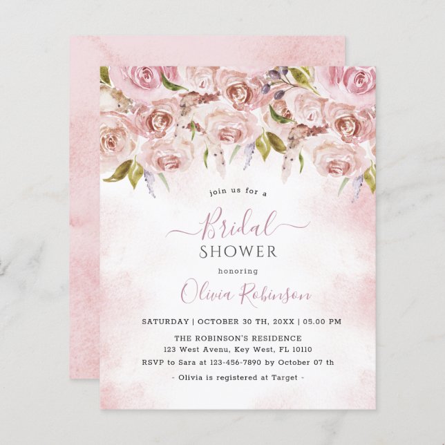 Budgetens Blek Rosa Blommigt Inbjudningskort för m (Fram/baksida)