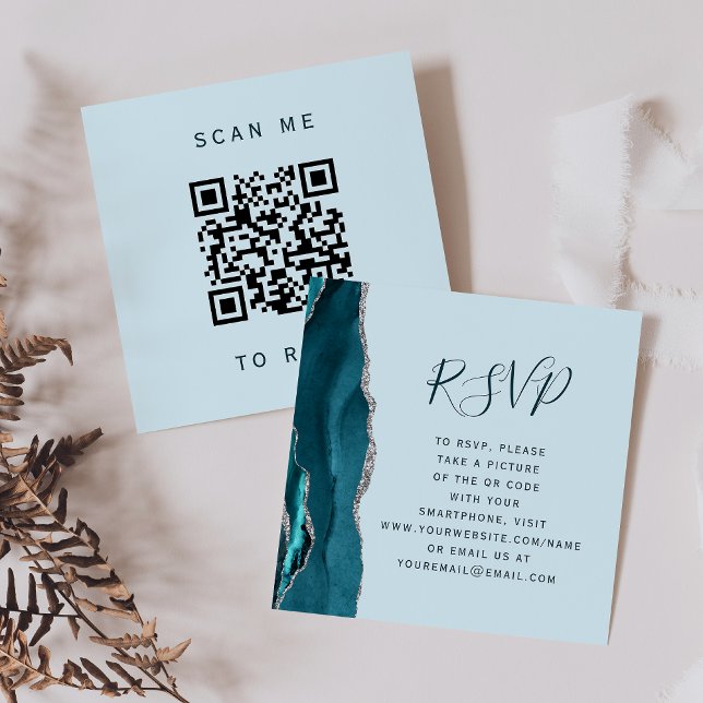 Budgetens Blek Teal Silver Agate Bröllop QR Code O Tilläggskort (Skapare uppladdad)