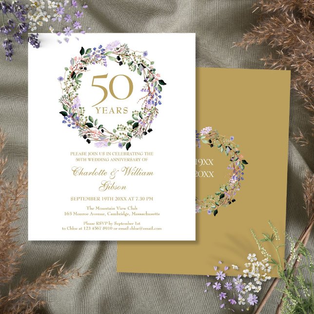 Budgetens Blommigt 50:e Bröllop-årsinbjudan (Budget Floral 50th Wedding Anniversary Invitation)