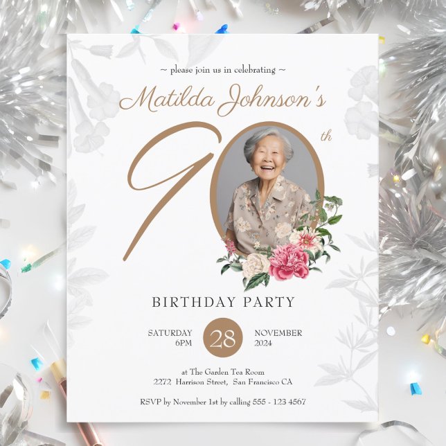 Budgetens Blommigt 90:e Födelsedagsfest inbjudan (Budget Floral 90th Birthday Party Invitation)