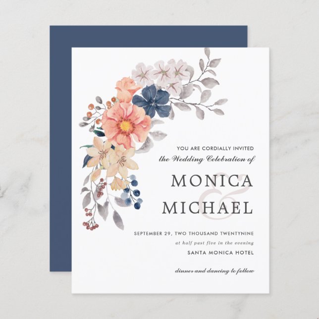 BUDGETENS Blommigt Chic Coral ROSA Blue Bröllop (Fram/baksida)