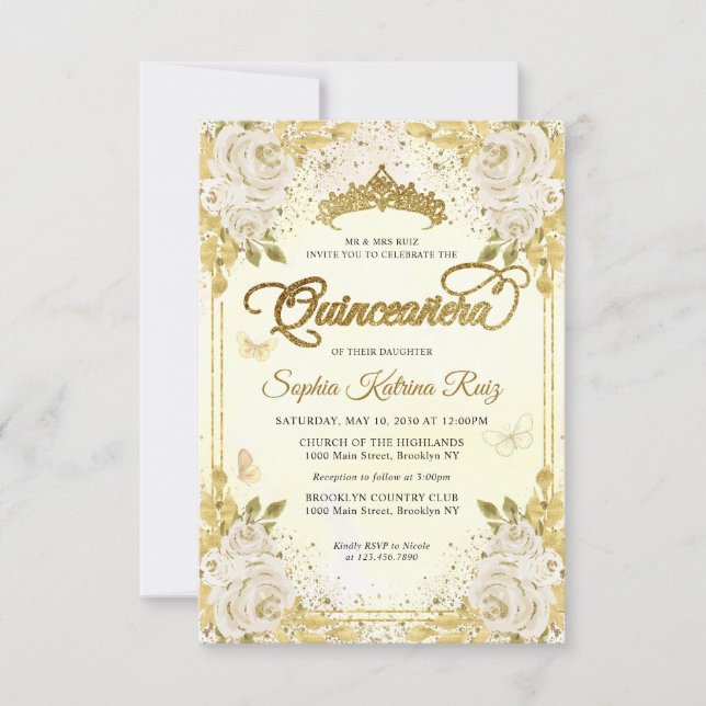 Budgetens Blommigt Faux Guld Glitter Krona Quincea Anteckningskort (Framsida)