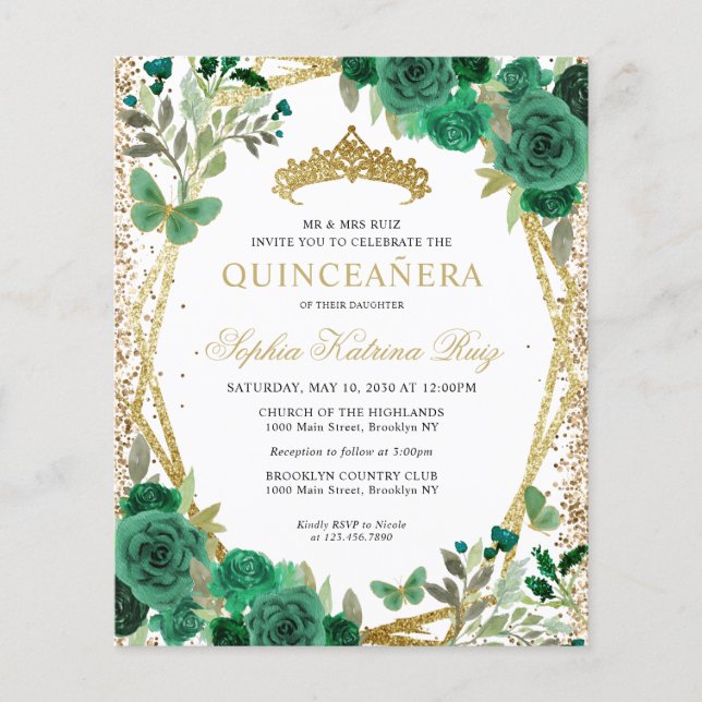 Budgetens Blommigt Grönt Guld Tiara Quinceañera In (Framsida)